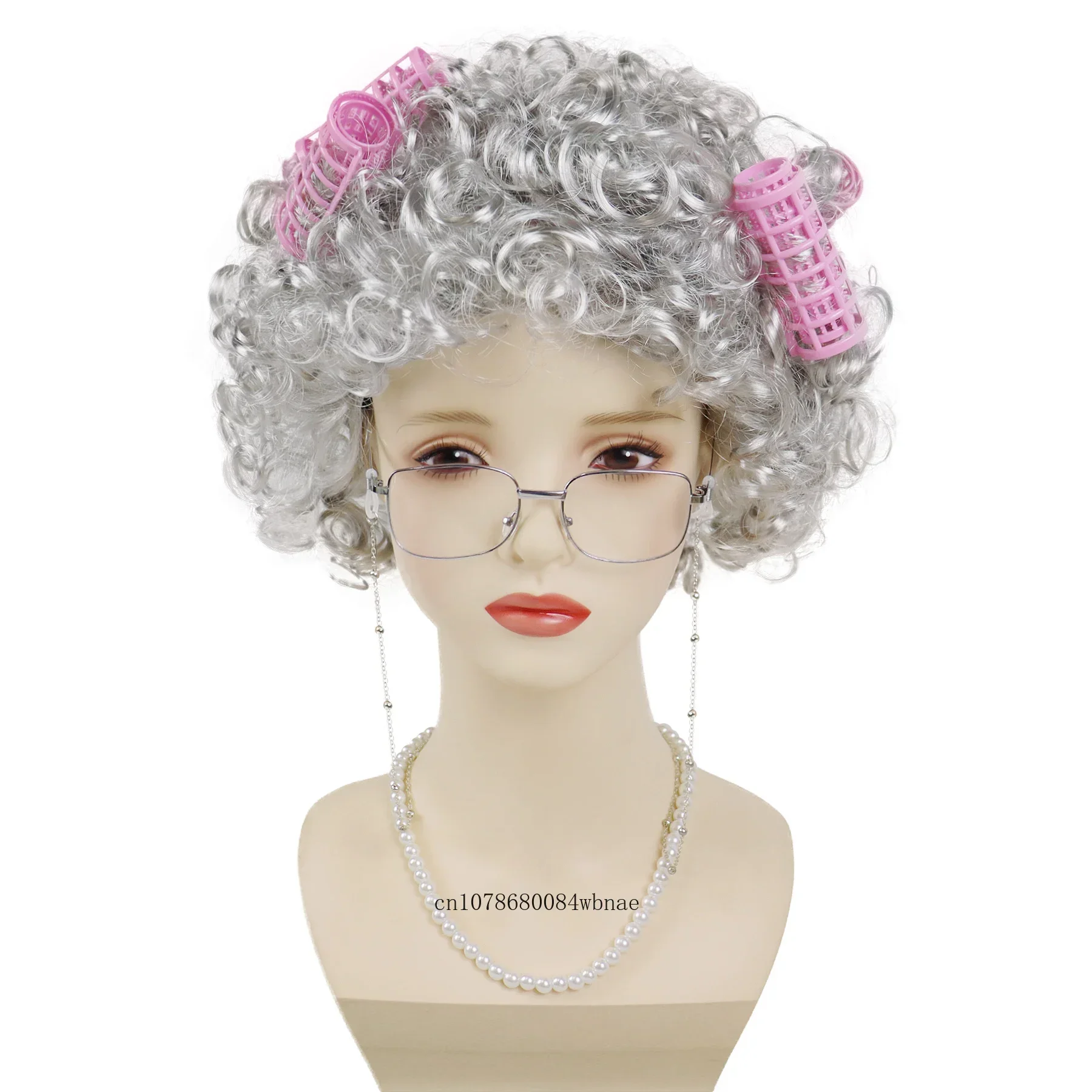 Synthetic Old Lady Wigs Costume for Women Grandma Cosplay Wig with Hair Rollers,Glasses,Eyeglass Chain,Pearl Necklace(5 Pieces)