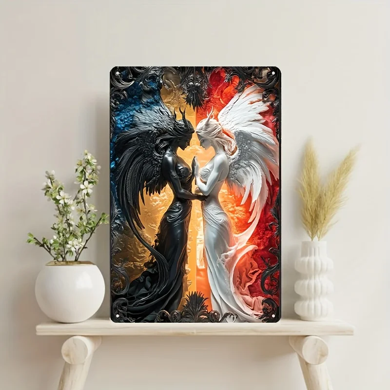 لافتة معلقة على الحائط من الألومنيوم المعاصر، لوحة تزيين فنية للملاك والشيطان لتزيين المنزل والبار والمطاعم