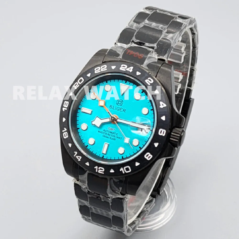 40mm PVD Black Fixed BEZEL 2-24 Dual Time Zone Japan NH34 GMT GMT Automatic Mechanical Movement