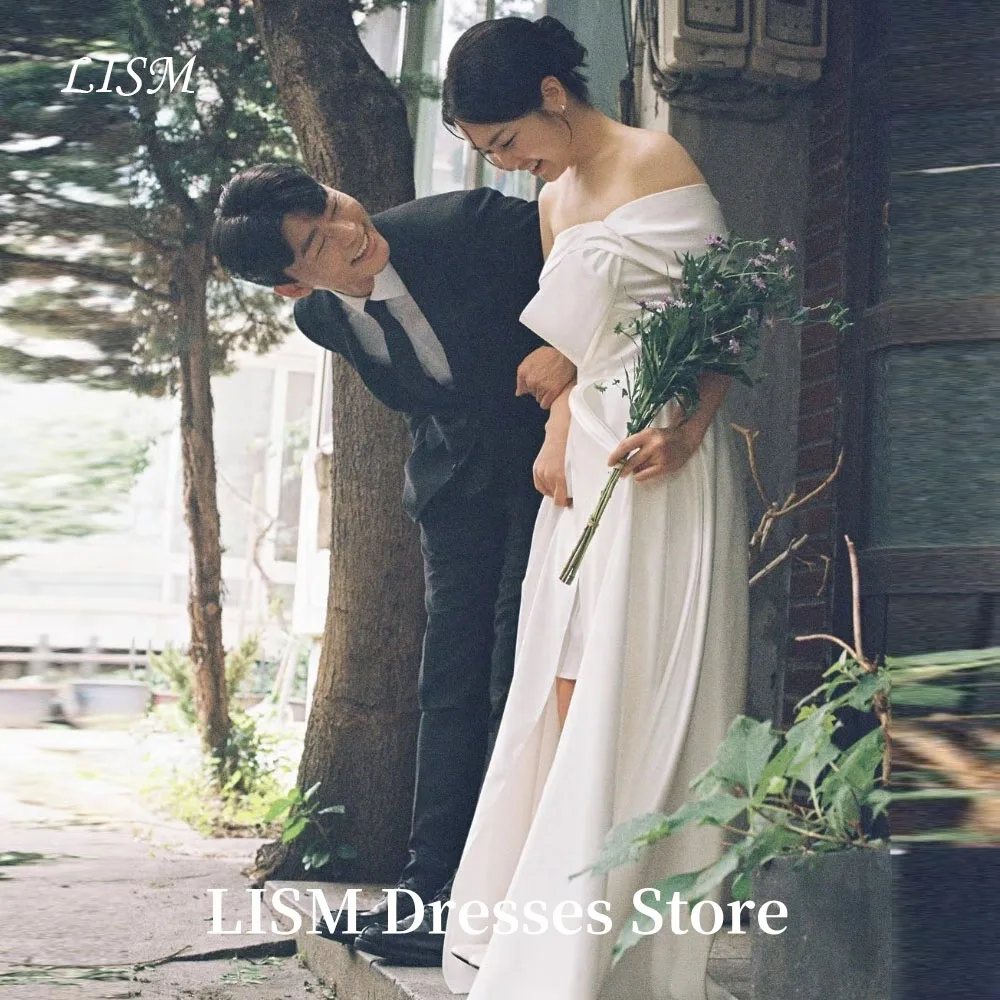 

LISM Elegant A-Line Korea Wedding Dresses Photo Shoot Soft Satin One Line Collar Long Style Bridal Gowns 웨딩드레스Customized Corsets
