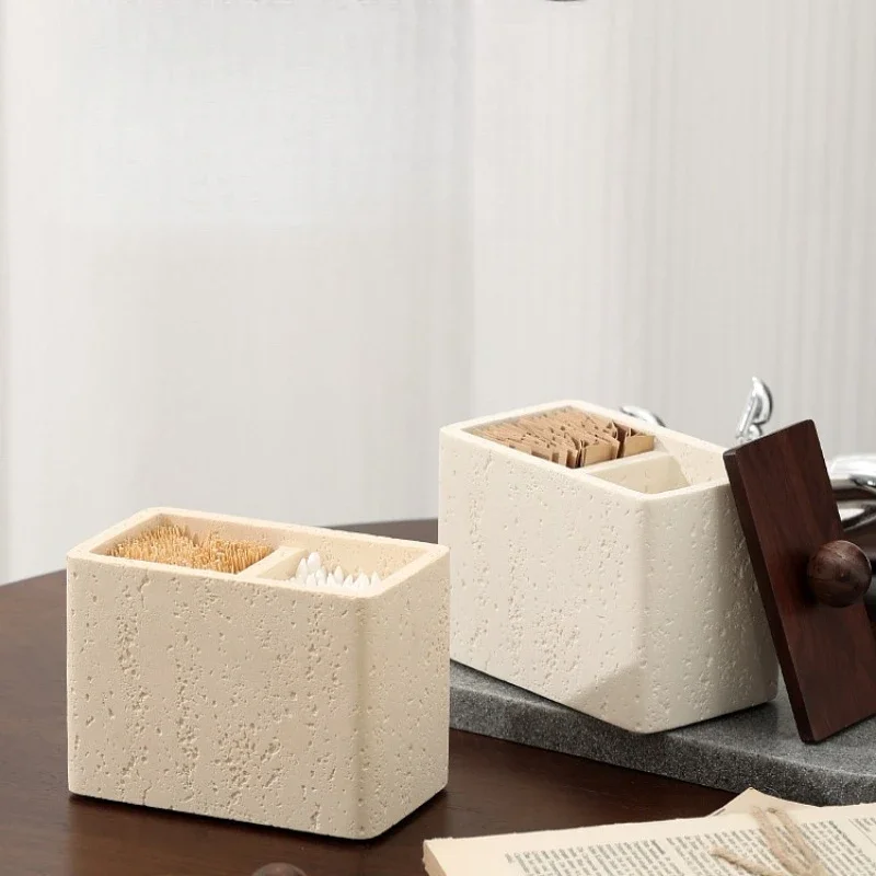 Luxury Travertine Toothpick Holder,2-in-1 Elegant Cotton Swab & Floss Organizer,Modern Bathroom Vanity &Kitchen Countertop Decor