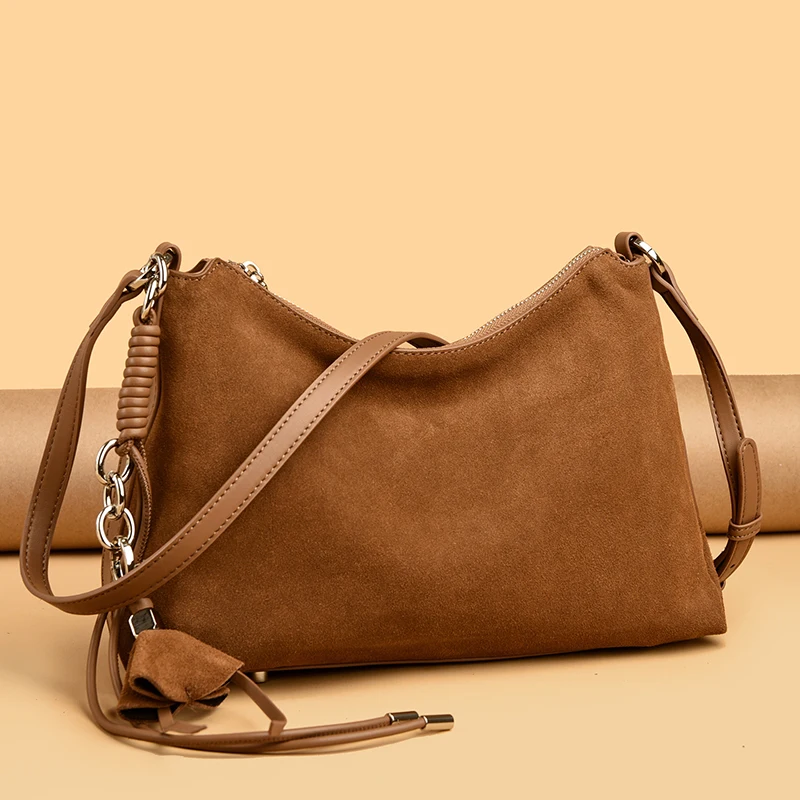 100% Echtes Wildleder Damen Schulter-Umhängetaschen Retro Echtleder Handtasche Designer Große Kapazität Pendler-Handtaschen – Detail 29