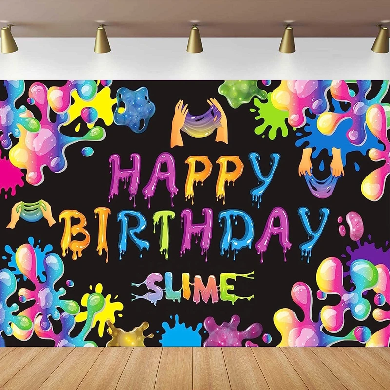 Photography Backdrop Colorful Slime Happy Birthday Banner Photo Background for Kids Paint Art Neon Glow Party Supplies