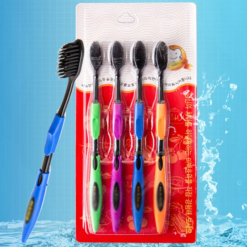 4 قطعة/المجموعة مزدوجة لينة الخشن فرشاة الأسنان المضادة للانزلاق نانو الأسود رئيس فرشاة الأسنان حزمة مريح العناية بالفم تنظيف تدليك فرشاة الأسنان