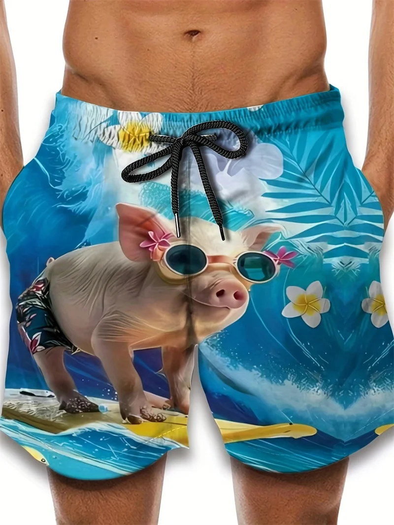 

New Men's Cute Pig Cartoon 3D Print Beach Shorts, Casual and Loose Hawaiian Style, Perfect for Vacations and Swimming.