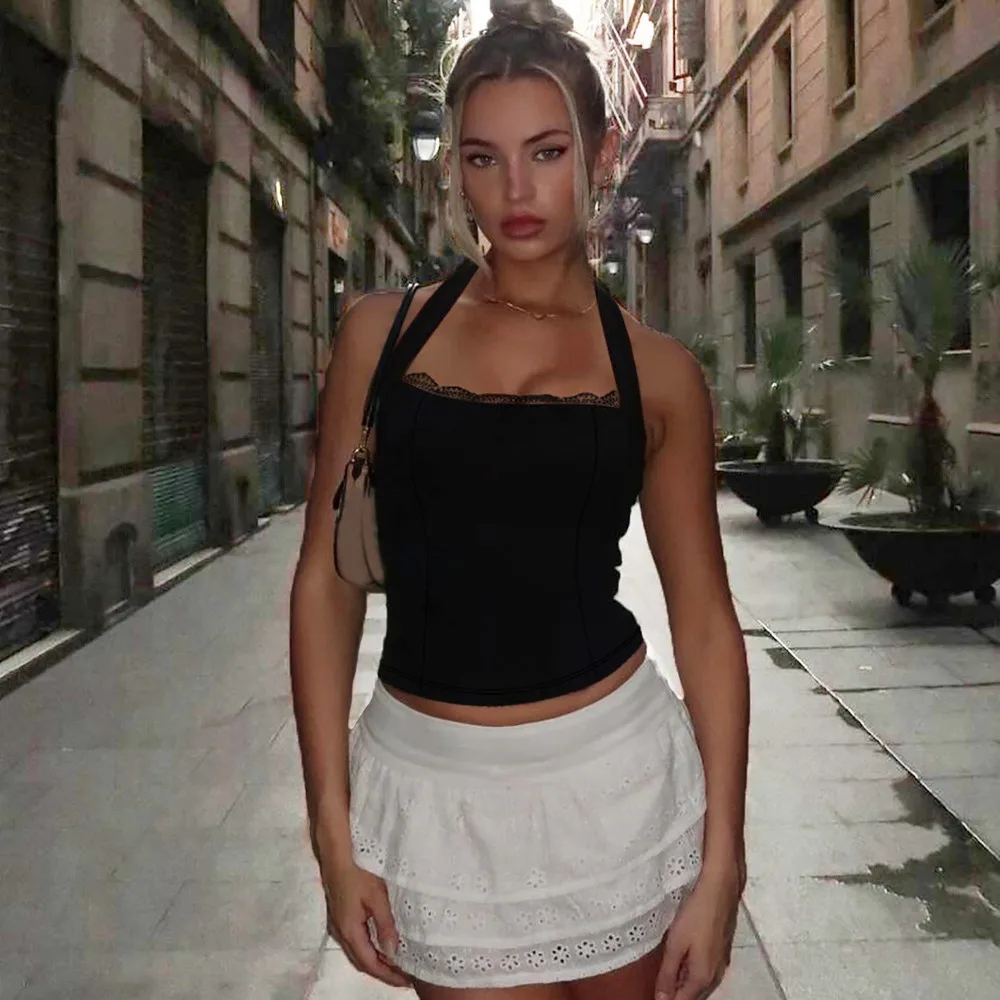 

Trendy 2025 Summer Sexy Backless Lace Cami Top Womens Fashion Crochet Tie Side Bustier Bralette Crop Tops Beach Fashion