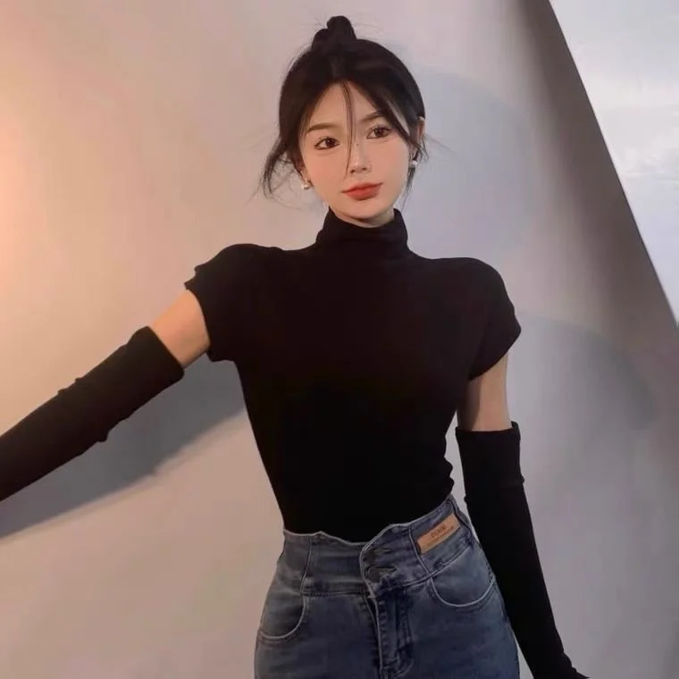 

Detachable Sleeve T-Shirt Women Korean Clothing T Shirts Stylish Summer Bohemian Shoulder Baring Fairycore Vacation Cottagecore