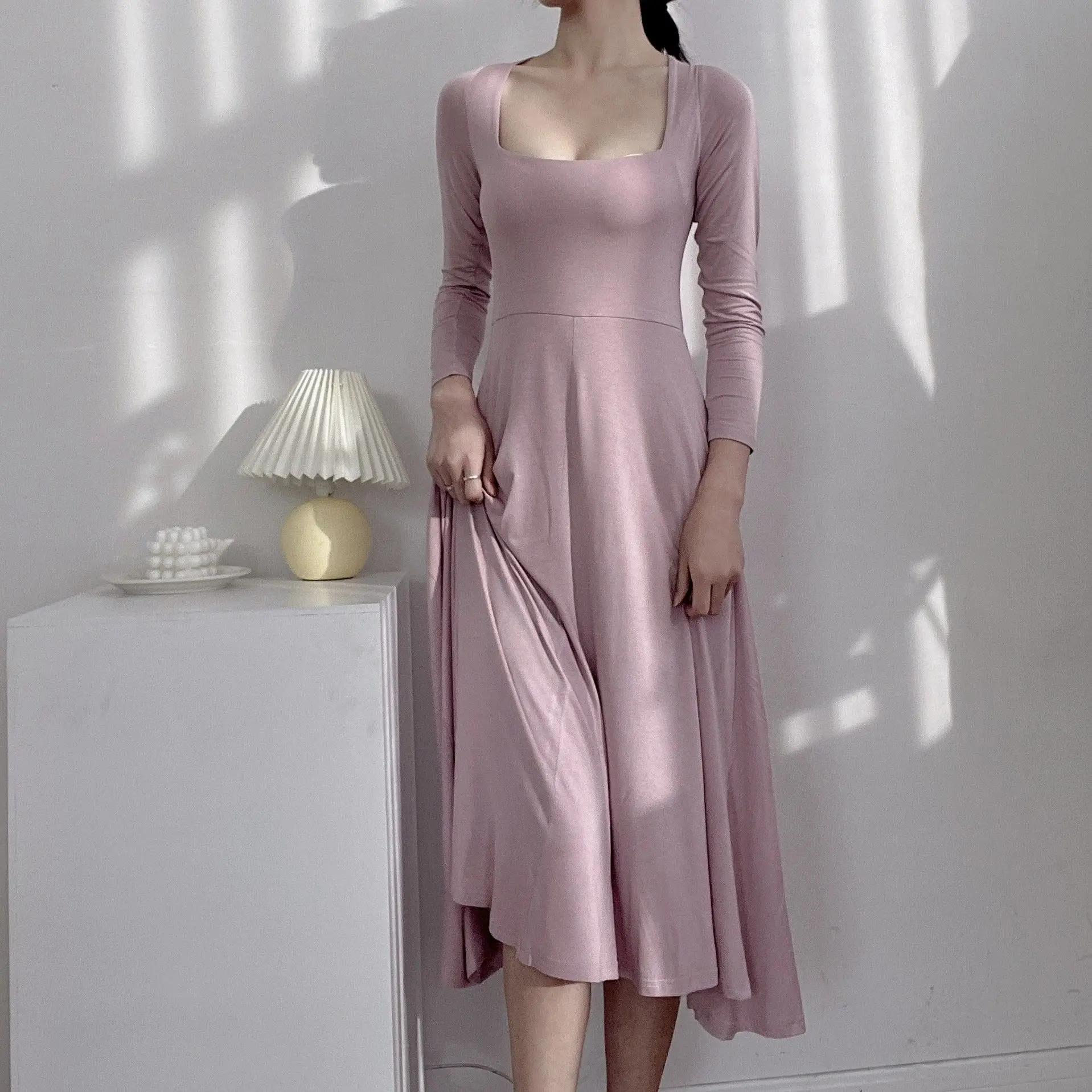 Retro dupla camada quadrada ne dr algodão longo sve doce sle busin casa wear fino ajuste primavera verão outono