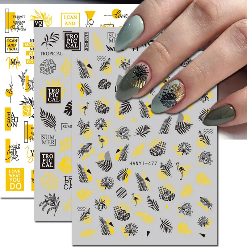 Nail Art Decals 3D Gold Black Tropical Palm Leaf Flower Grus Japonensis Back Glue Nail Stickers Decoration For Nail Tips Beauty