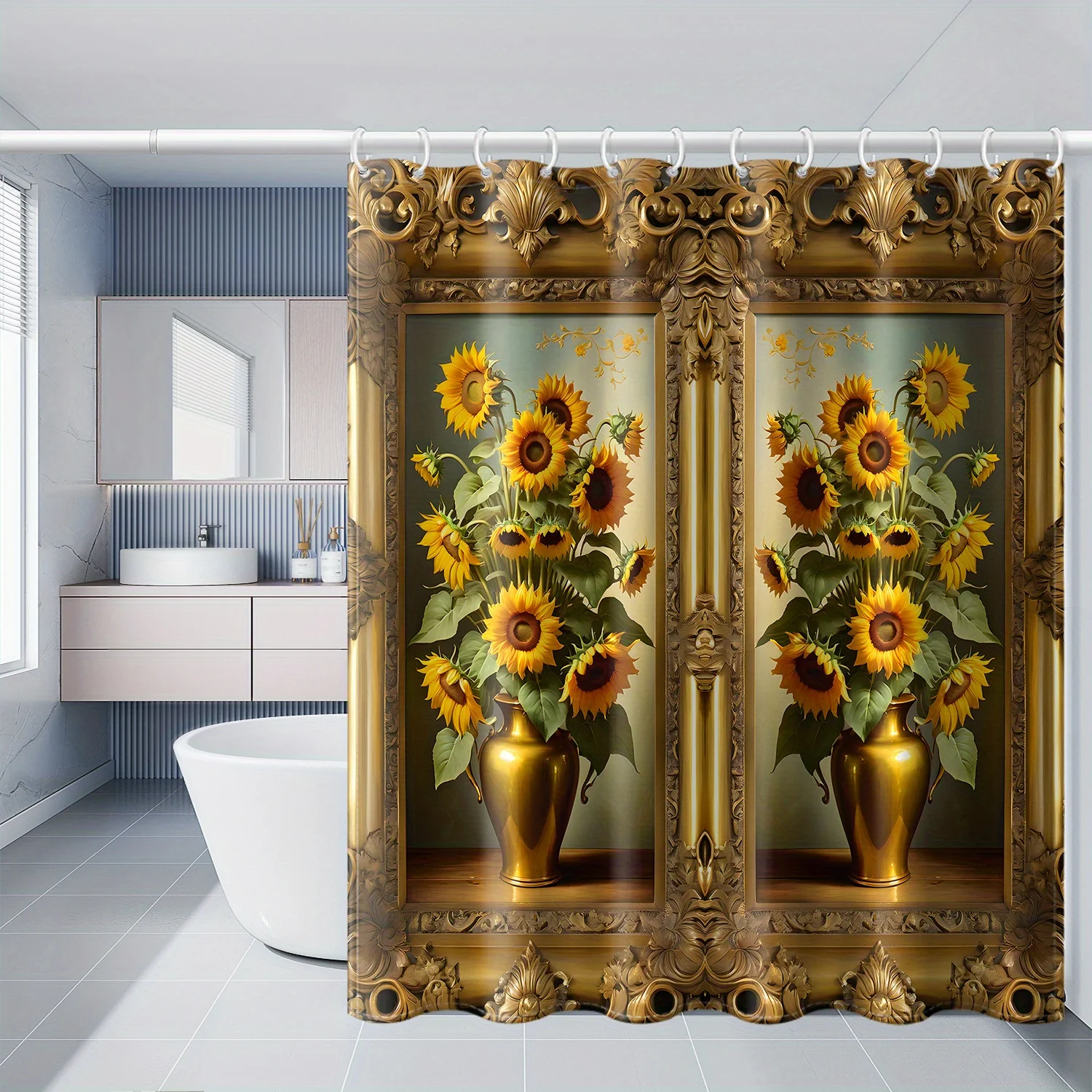 

Занавеска с подсолнухом в золотой рамке — полиэстер, 71 дюйм, роскошный декор для ванны, крючки, всесезонная, моющаяся