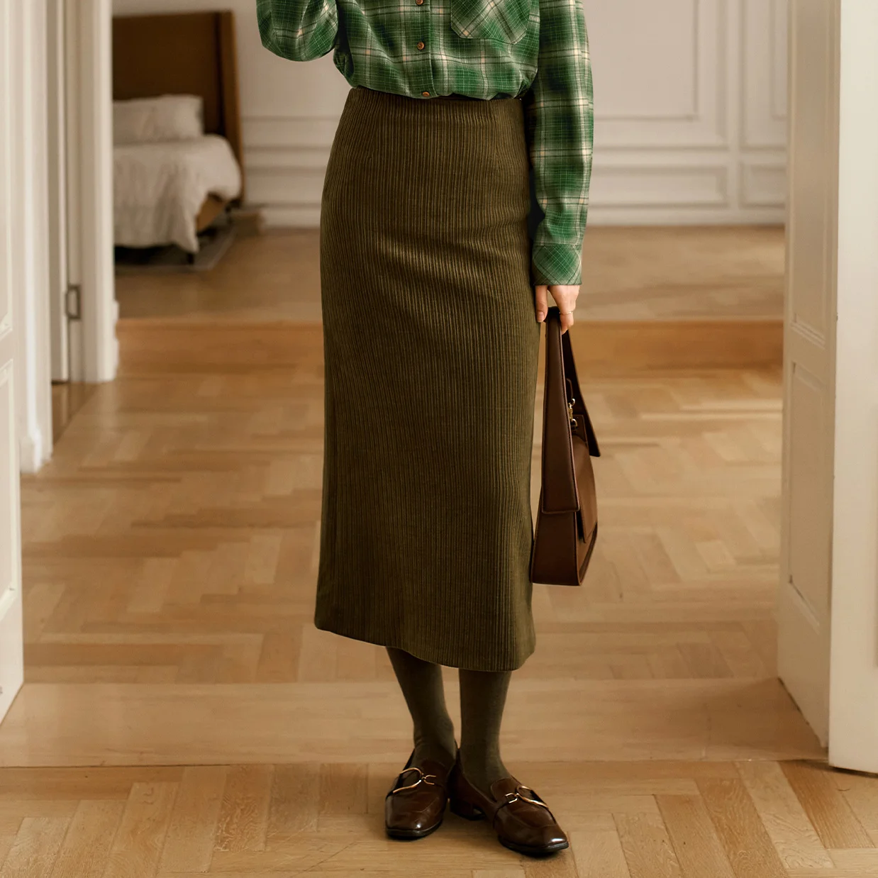 OLrain French Style Green Skirt Women Autumn 2026 Midi Commute High-waist Elastic Elegant Evening Long Skirts O56DB95525