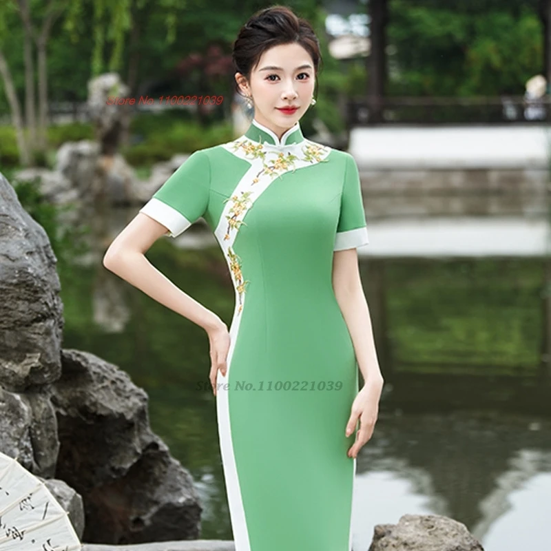 

2025 chinese vintage dress improved cheongsam banquet evening dress qipao national flower embroidery stage performance qipao