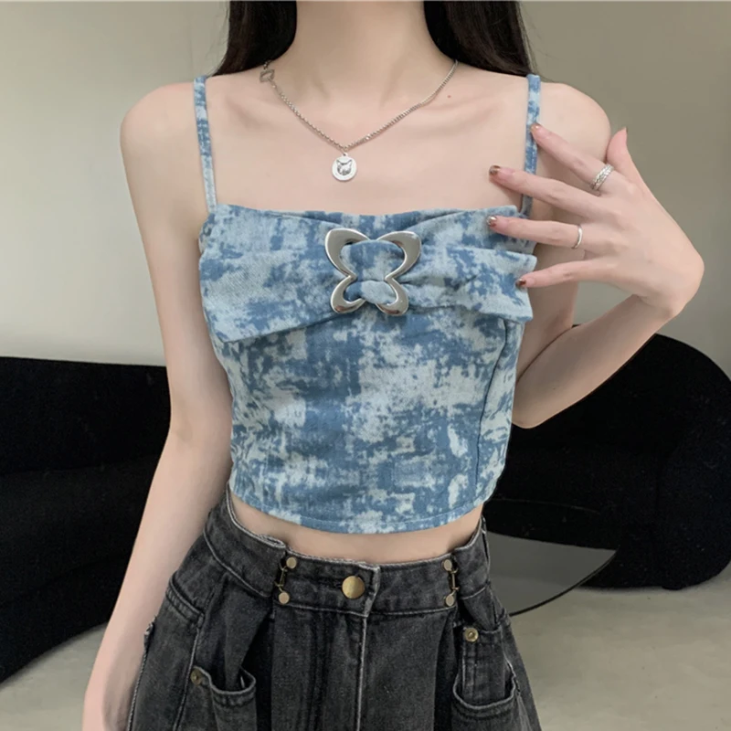 

Summer Fashion Spaghetti Strap Camisoles Women Tie-Dye Elastic Bow T-Shirts Sexy Short Cropped Tops Tees Sleeveless Tank Shirts