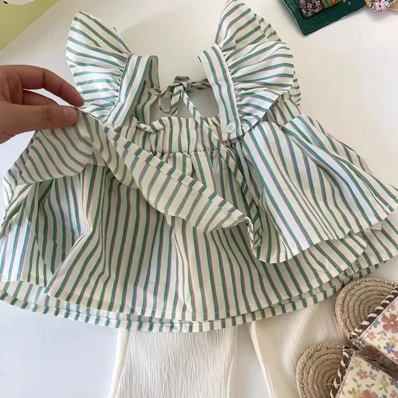 الفتاة الصيف فستان أطفال مع سروال داخلي 2025 فتاة جديدة طفل الحلو ساحة طوق قميص مخطط + البيج سليم جرس أسفل بنطلون 2 قطعة مجموعة #3
