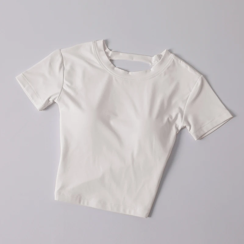 ใหม่ yoga แขนสั้นพร้อมแผ่นหน้าอกเซ็กซี่กลับฟิตเนส yoga top ผู้หญิงสวมเอว slimming กีฬาเสื้อยืด