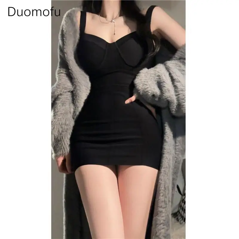 

Duomofu Black Sexy Slim Waist Knitting Female Strap Dresses Autumn New Pure Color Fashion Sleeveless Simple Casual Women Dresses