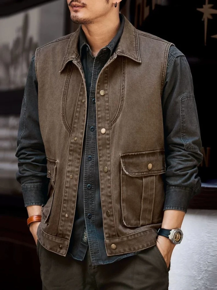 

Винтажная рабочая одежда, жилет, мужская потертая коричневая универсальная куртка с 4 карманами, негабаритное тактическое пальто-карго для уличной уличной одежды