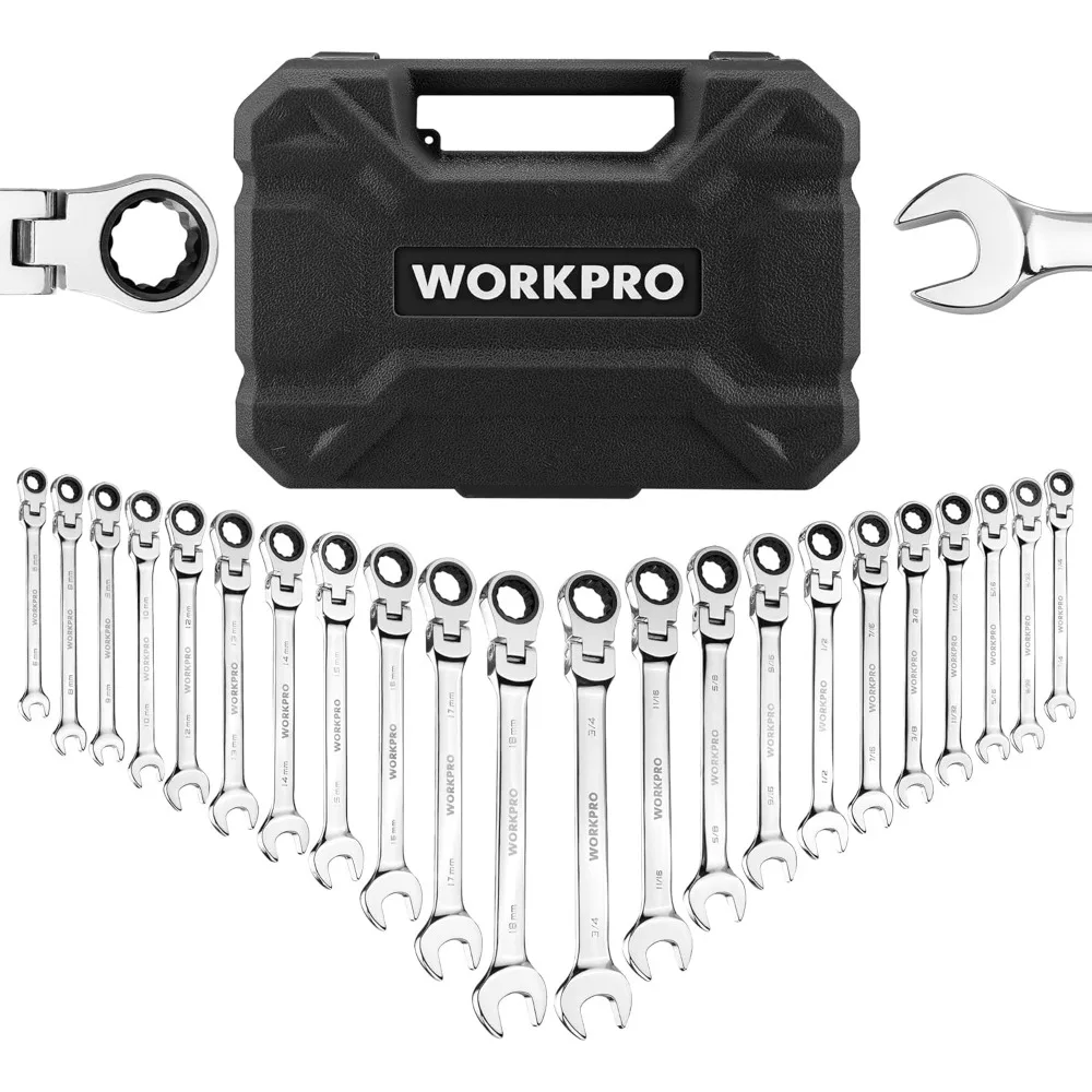 22-Piece Ratcheting Wrench Set, Flex-Head Ratchet Combination Wrench Sets with Organizer Box, 72 Teeth, Metric 6-18mm & SAE