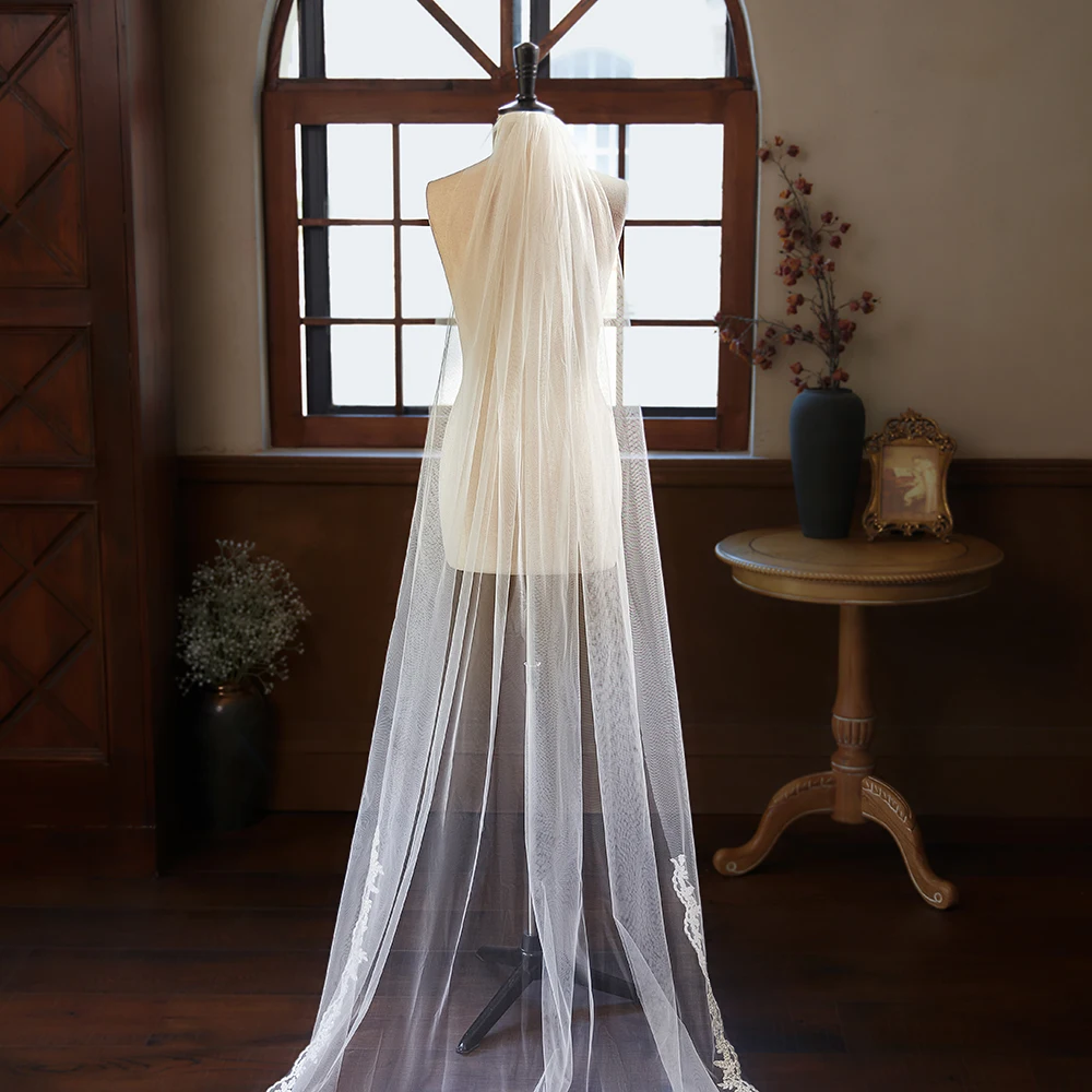 230CM Elegant Lace Applique Edge Bridal Veil One Layer Soft Tulle Marriage Wedding Veil Accessories for Women image 2