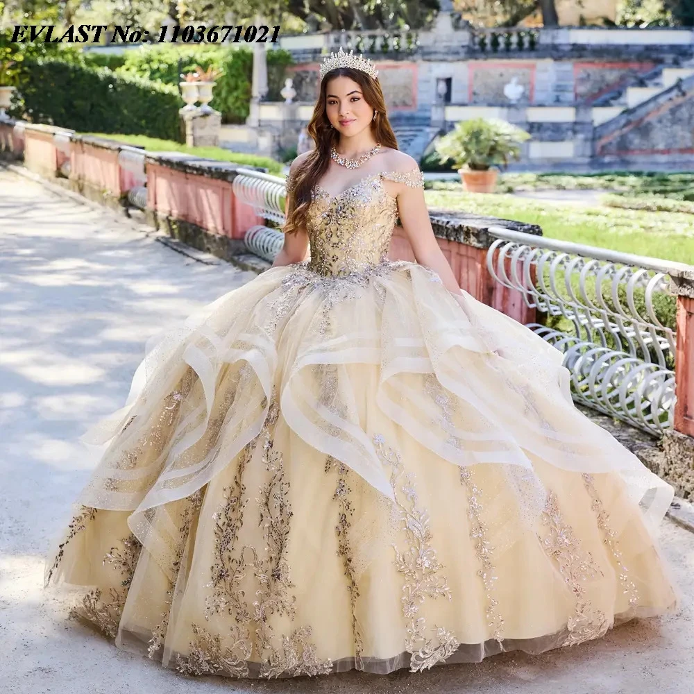 

EVLAST Champagne Quinceanera Dress Ball Gown Lace Applique Beading Crysyals Ruffles Corset Sweet 16 Vestido De 15 Anos SQ259