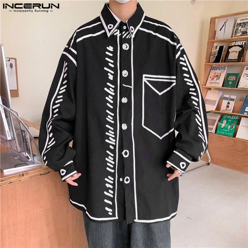 INCERUN Handsome Men Tops 2024 Manga Cartoon Printed Line Shirt Fashion Male Streetwear Hot Sale Loose Long Sleeved Blouse S-5XL