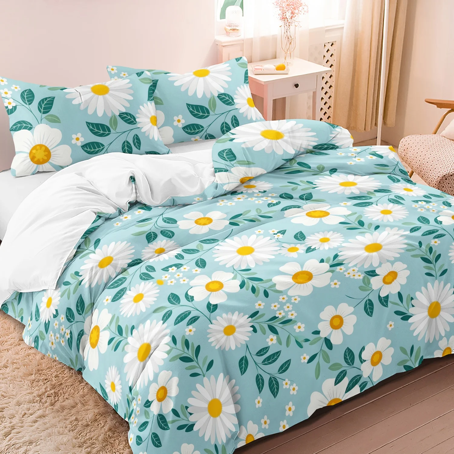 3Pieces Refreshing Mint Green Outline Butterfly Duvet Cover, White Botanical Twig Floral Bedding, Machine Washable Bedding Linen