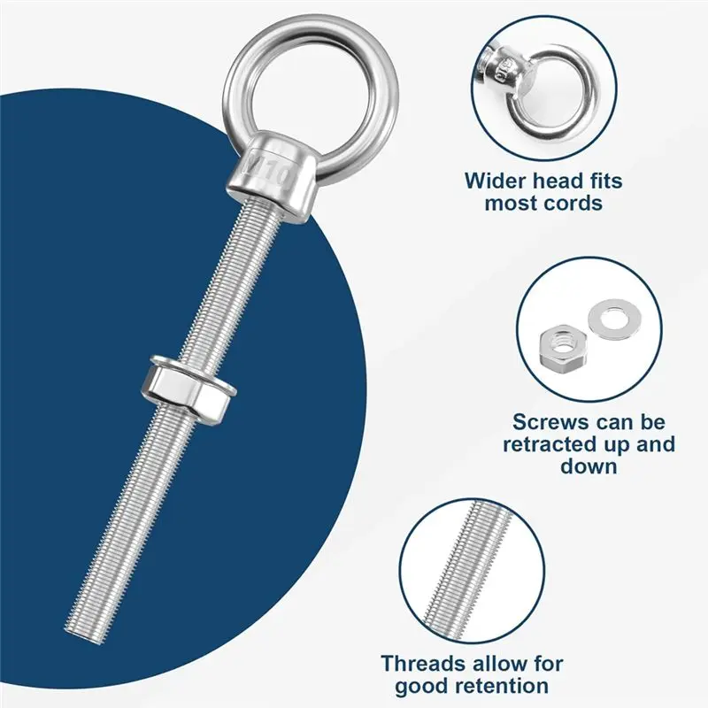 AEE2-5 Pack Eye Bolt 3/8Inch X 4Inch Long, Stainless Steel Welded Extension Bolts Swing Basket Suspension Fittings