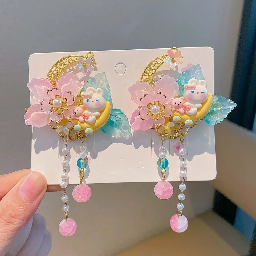 1 Pair Double Clip Hanfu Hair Clips Vibrant Color Floral Tassel Pearl Bunny Hair Clips Secure Grip Elegant Design Fairy Hairpins