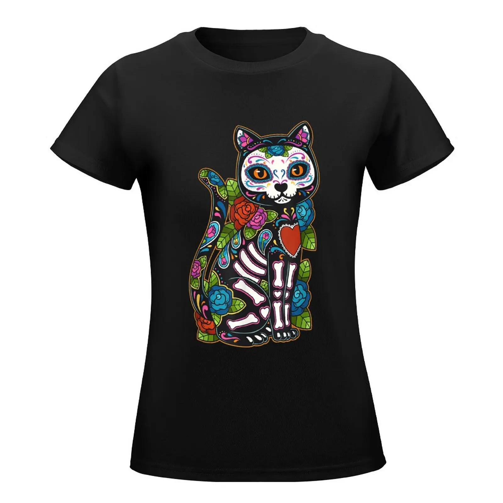 Cat Sugar Skull Mexico Calavera Dia De Los Muertos Halloween T-Shirt oversized graphics funny t shirts for Women