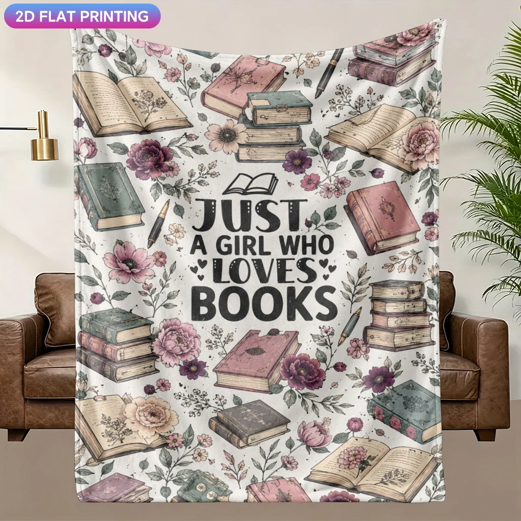 2D Flat Printing, 1pc Literary Bookish Retro Style Blanket/Throw, Printed with Vintage Old Books, Flowers, Fountain Pens, Englis