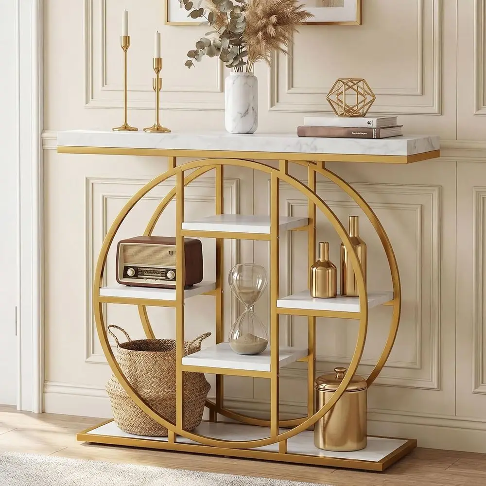 

39.4 White Marble Top Entryway Table with Storage Shelves and Circular Steel Base for Hallway, Living Room