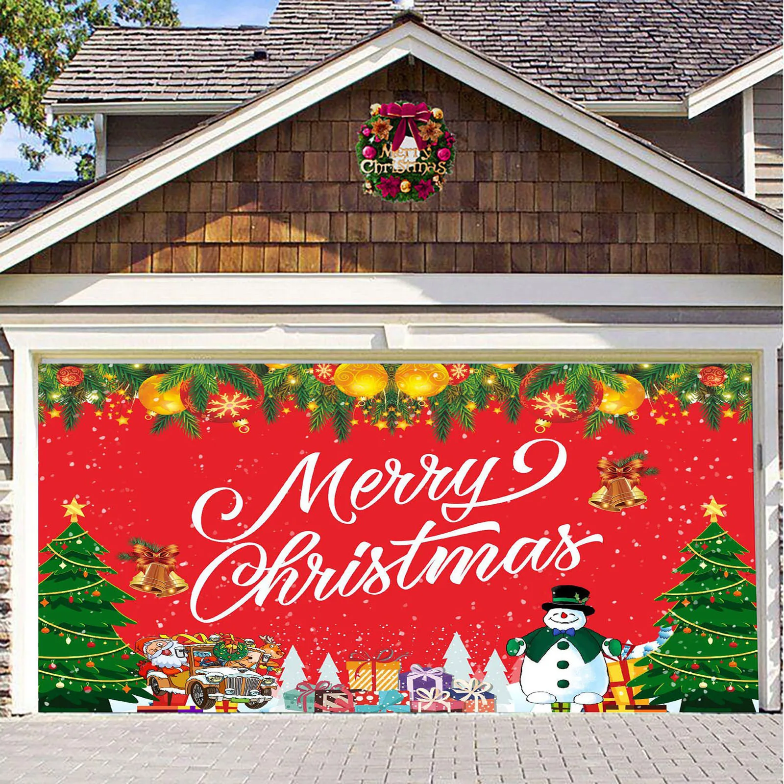 7x16FT Merry Christmas Holiday Banner Garage Door Cover Mural Winter Snowman Santa Outdoor Large Door Cover Mountain Tapestries