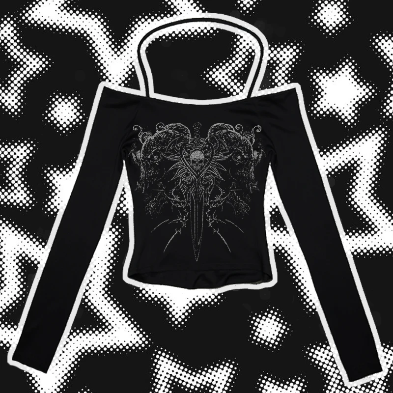 

European and American style Easter skull sword pattern long sleeved vest T-shirt top, 90s Gothic punk Harajuku Y2K spicy girl