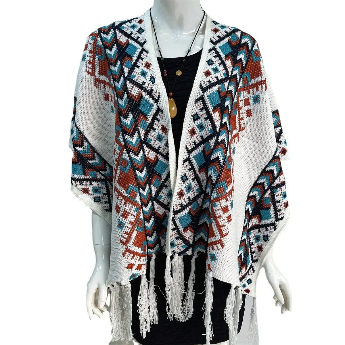

Poncho Bohemian ethnic style dual purpose women's spring and autumn warmth long woolen cape winter photography Tassels Cloak P2