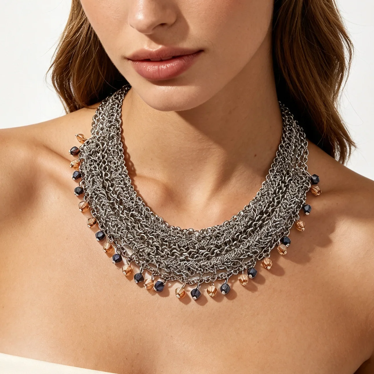 Bohemian Mesh Chain Choker Necklaces for Women Vintage Silver Woven Net Collar Necklace Tassel Statement Neck Jewelry Gifts