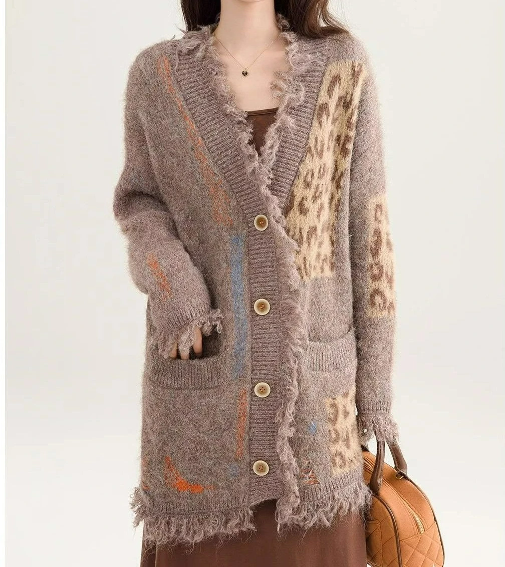 Cárdigan suelto de punto empalmado para mujer, suéter con diseño de leopardo grueso Vintage, abrigo para otoño e invierno