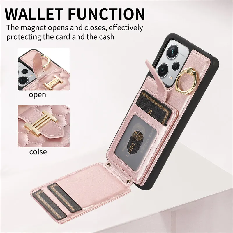 Long Lanyard Vertical Flip Leather Phone Case for XiaoMi RedMi Note 12 Pro 5G 11 11S 12C Wallet Card Metal Back Cover Coque Etui