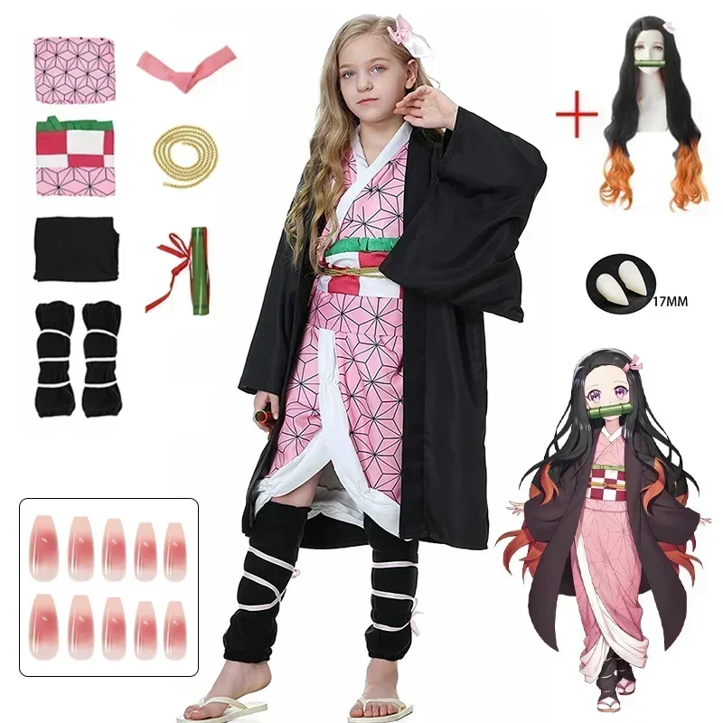 Kamado Nezuko Anime Cosplay Costume pour femmes et enfants, uniforme d'Halloween, perruque, Kimono