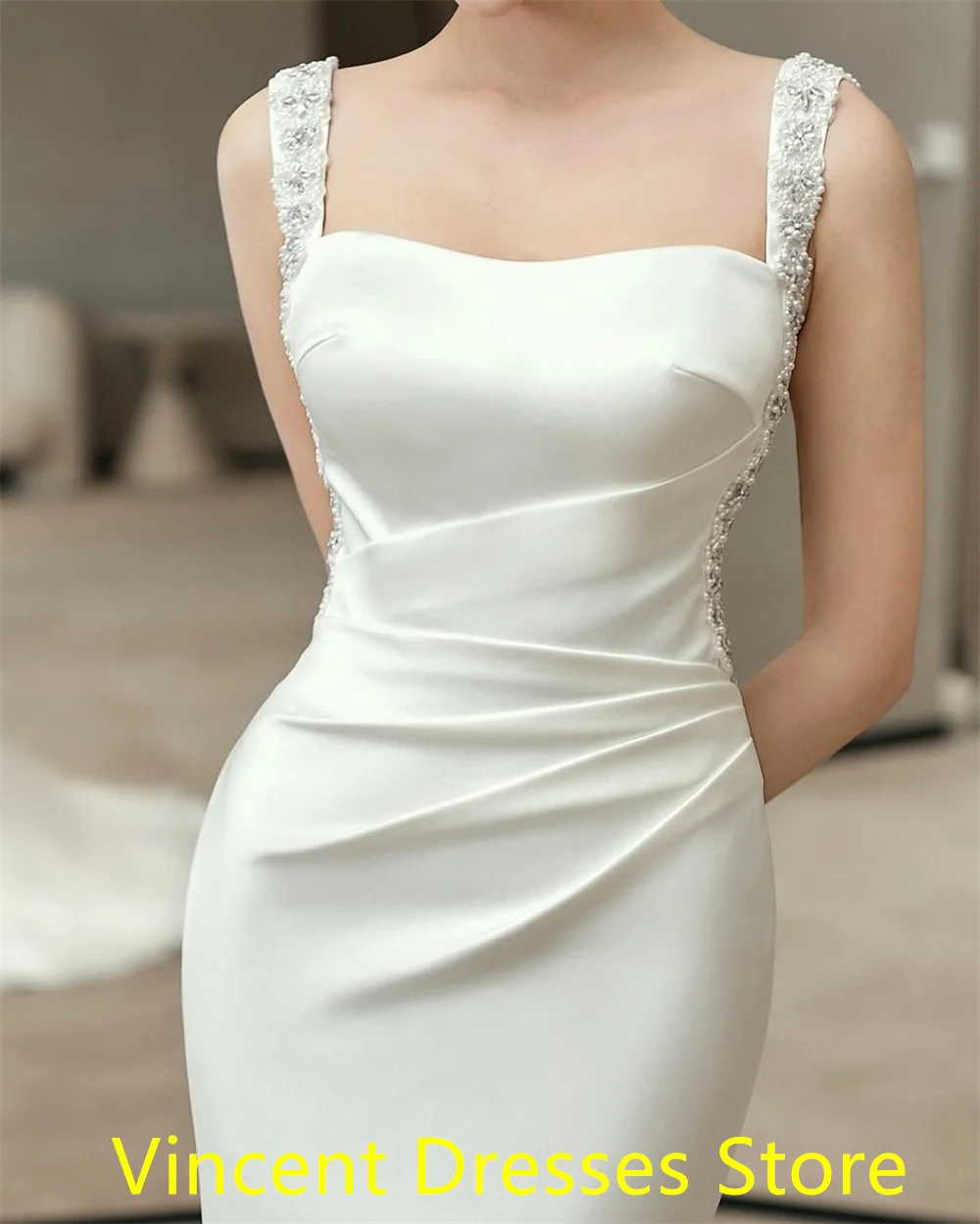 Personalizado sereia vestido de noite elegante camisa branca gola quadrada vestido de casamento clássico boné manga tribunal trem vestidos de noiva