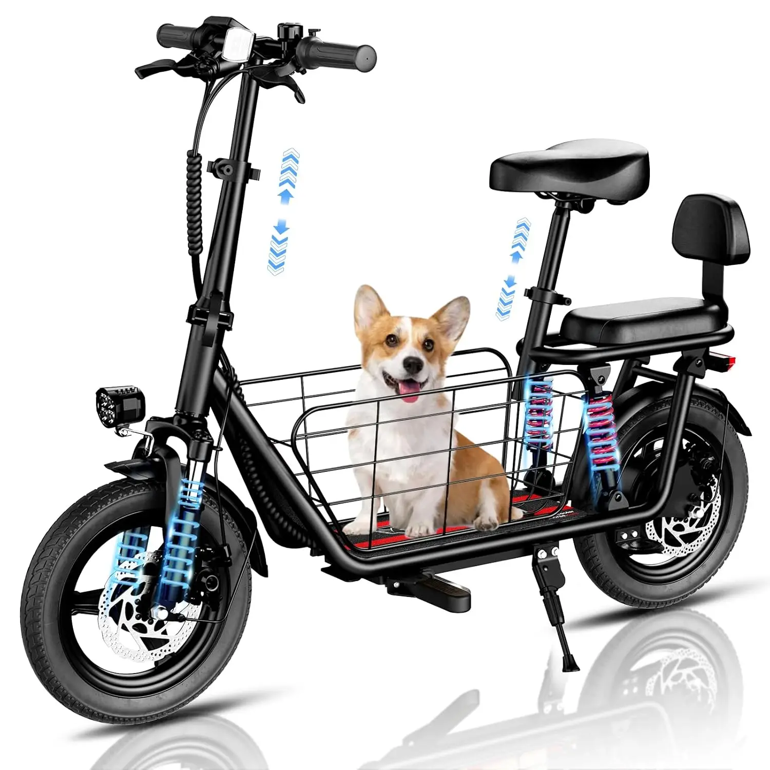 

Электросамокат 850 Вт (пиковая мощность) с сиденьем, скорость 32 км/ч, запас хода 40 км, двойная амортизация, 3 скорости, 14-дюймовые пневматические шины, индивидуальная сборка