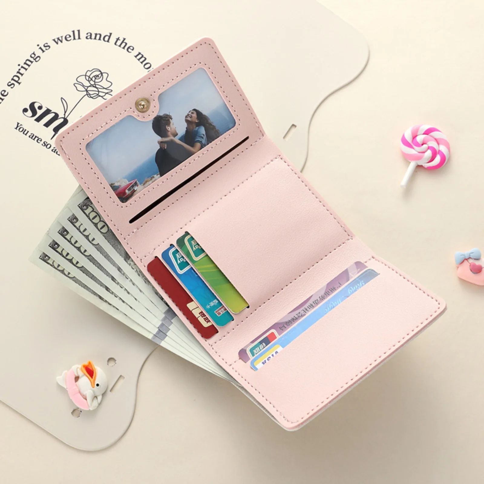 لطيف القوس المحفظة المرأة الحلو الوردي اللون نمط الأزهار محفظة حامل بطاقة لفتاة المحمولة السفر النقدية عملة صور بطاقة حقيبة #3