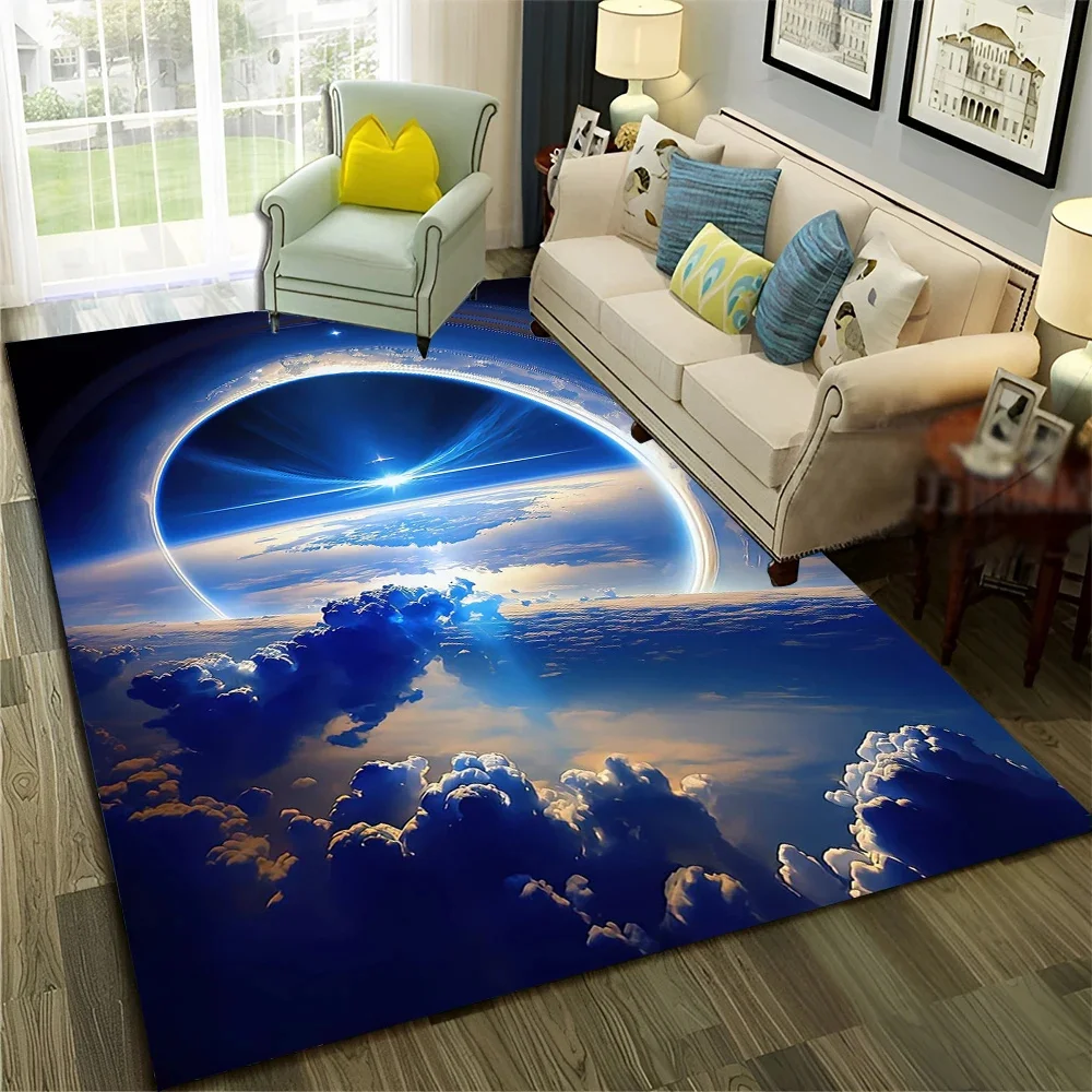 Space Themed Area Rug With Artistic Cosmic Patterns Of Planets, Galaxies, And Nebulas, Soft Decorative Carpet For Living Room