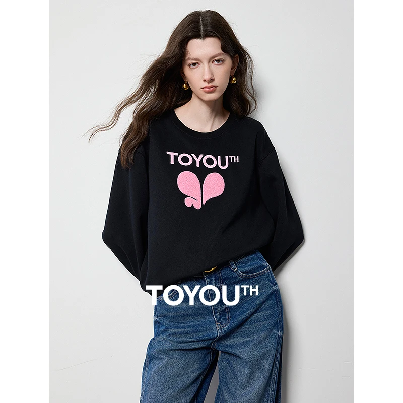 

TOYOUTH Women Sweatshirt Hoodie 2024 Autumn New Love Pattern Printed Off Shoulder Round Neck Versatile Tops