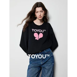 TOYOUTH Women Sweatshirt Hoodie 2024 Autumn New Love Pattern Printed Off Shoulder Round Neck Versatile Tops