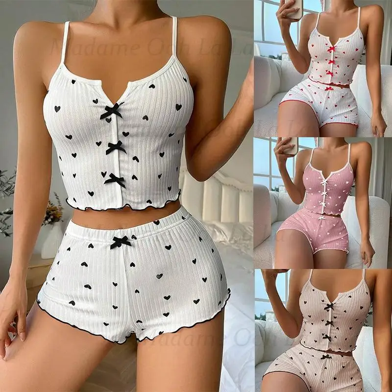 Sexy Heart Print Pajama Set for Women Sleepwear Silk Stain V-Neck Sleeveless Casual Cami Top and Shorts Sets Loungewear view 2