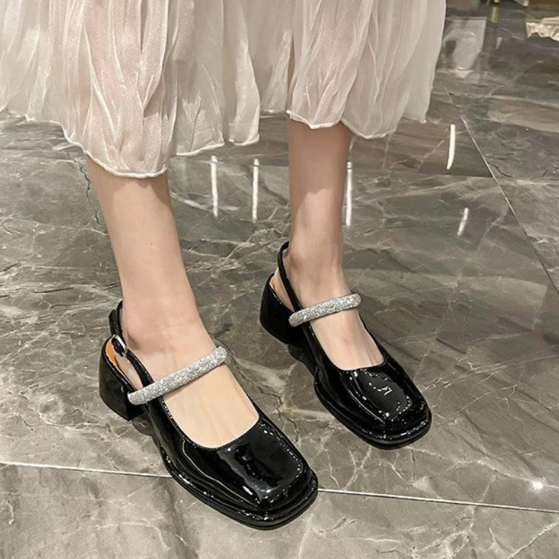 

Women Comfortable Low Block Heel Mary Jane Sandals New Style Single Row Diamond Strap Open Back Square Toe Low Cut Closed Toe
