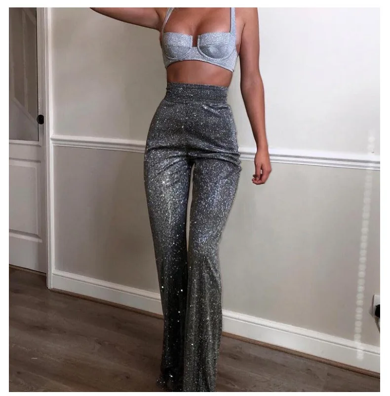 

2024 Womens Fashion Trendy Sparkling Y2k Pants Tall Waist Wide-legged Pant Women Trousers Shiny Full Length Straight High Street