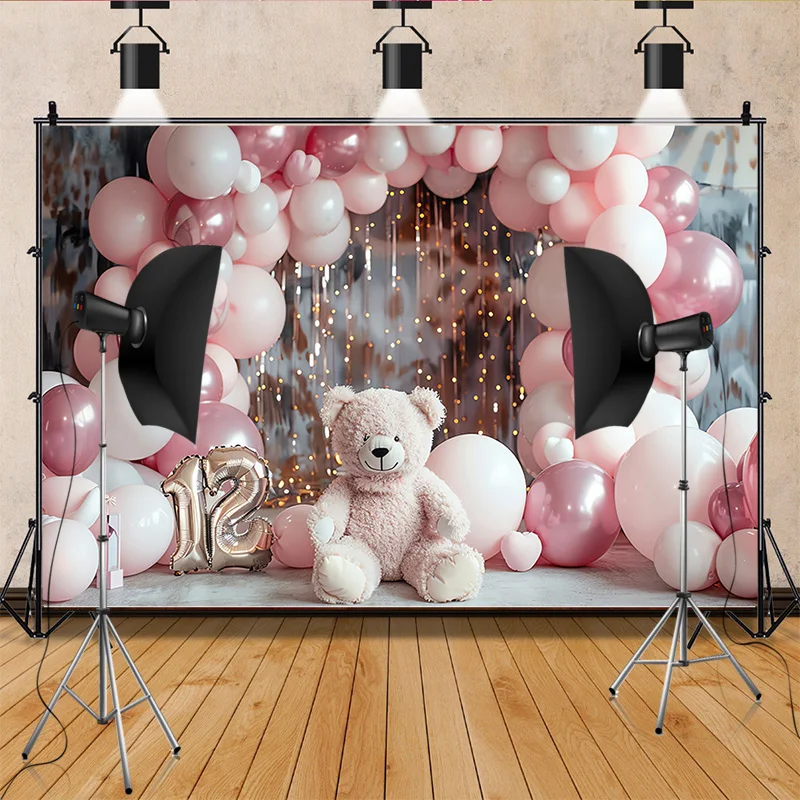 Happy Birthday  Photography Background  Number Pink Bear doll Hydrogen balloon Floral  Baby  Party  Backdrops SR-841