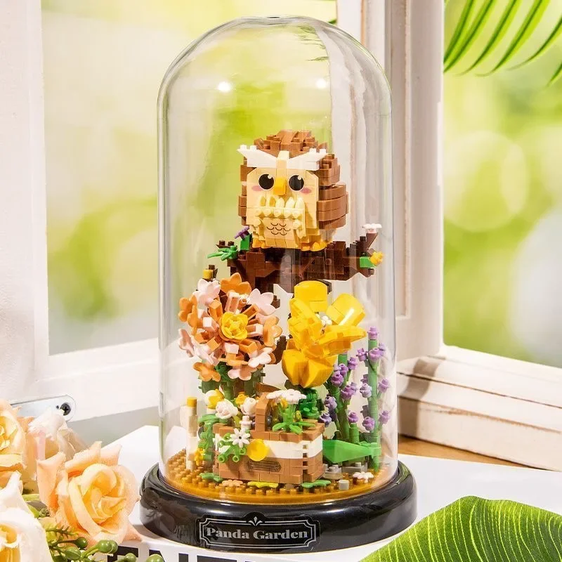 Flower Bouquet Dust Cover Owl Bird Set Building Blocks Cute Animal Bonsai Collection  Educational Toys Model for Christmas Gift