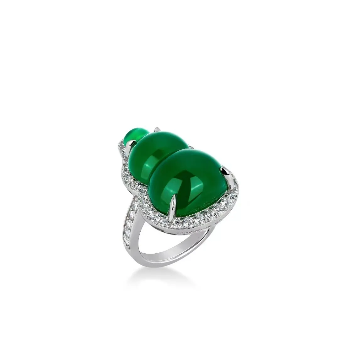 

ZOCA Natural Agate stone S925 Sterling Silver Green jade Gourd Ring Jewelry Crystal Zircon Rhinestone Woman Fine Jewelry